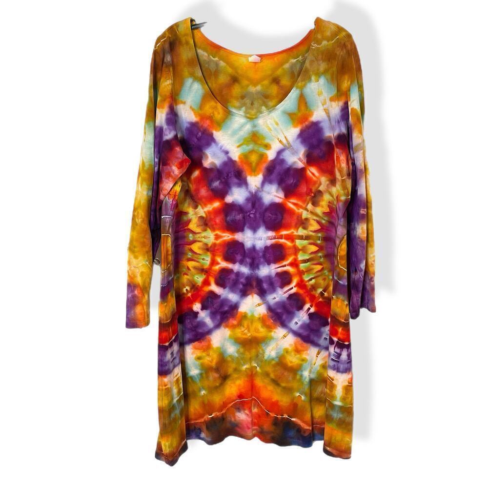 handmade tie dyed long-sleeved double rainbow dress XL